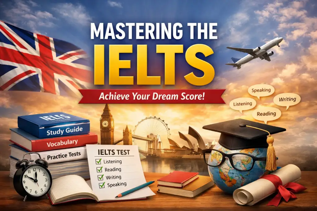 Mastering the IELTS exam concept image with study books, checklist, graduation cap, globe, and travel elements like airplane and landmarks