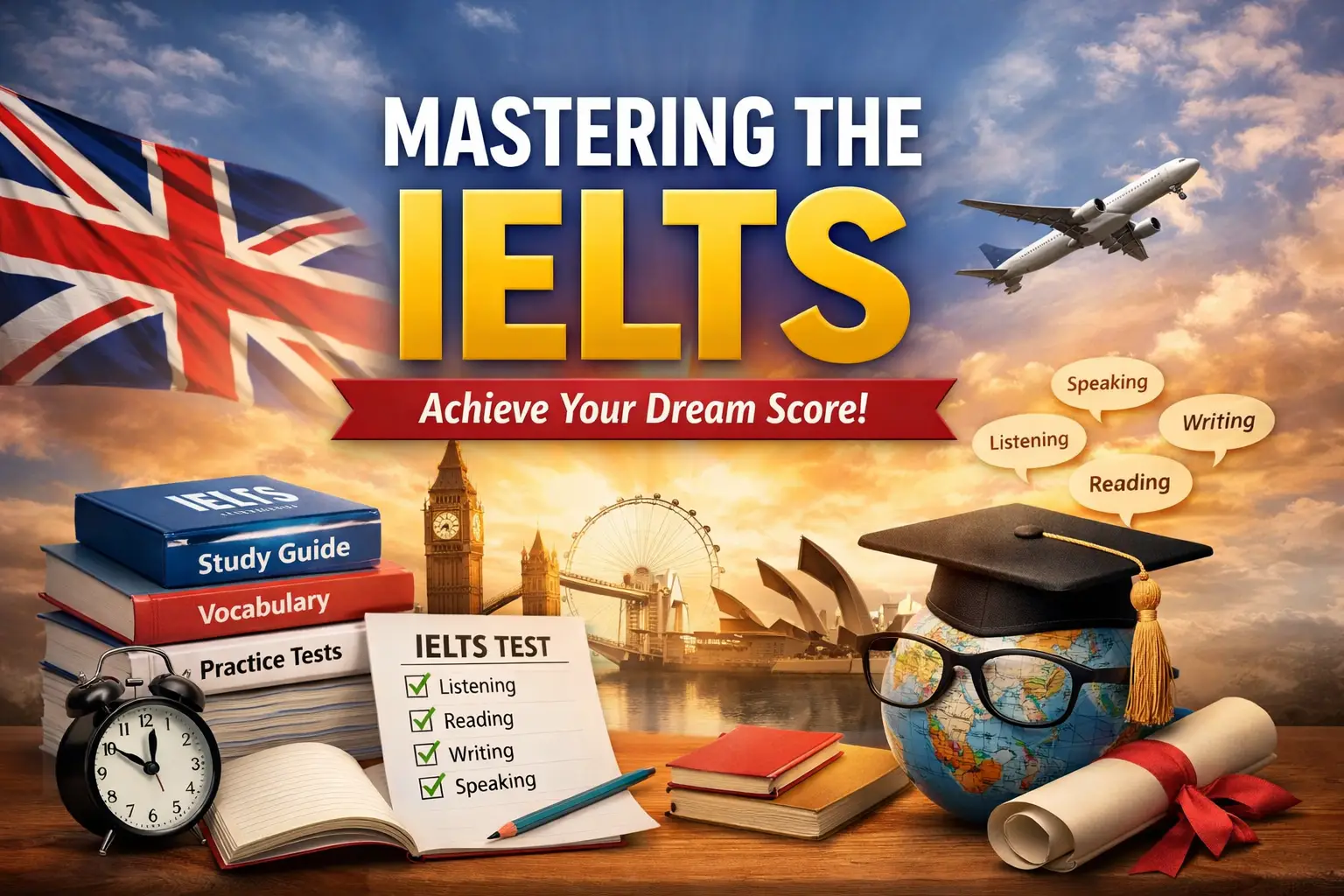 Mastering the IELTS exam concept image with study books, checklist, graduation cap, globe, and travel elements like airplane and landmarks